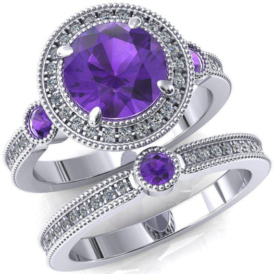 Brachium Round Amethyst Bezel Milgrain Halo 3/4 Eternity Accent Diamond Ring-Custom-Made Jewelry-Fire & Brilliance ®