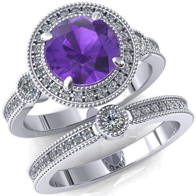 Brachium Round Amethyst Milgrain Halo 3/4 Eternity Accent Diamond Ring-Custom-Made Jewelry-Fire & Brilliance ®