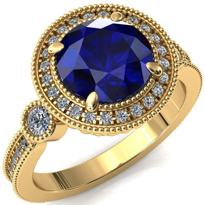 Brachium Round Blue Sapphire 4 Claw Prong Diamond Halo 3/4 Micro Channel Engagement Ring-FIRE & BRILLIANCE