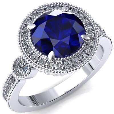Brachium Round Blue Sapphire 4 Claw Prong Diamond Halo 3/4 Micro Channel Engagement Ring-FIRE & BRILLIANCE