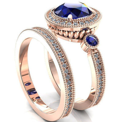 Brachium Round Blue Sapphire Bezel Milgrain Halo 3/4 Eternity Accent Diamond Ring-Custom-Made Jewelry-Fire & Brilliance ®