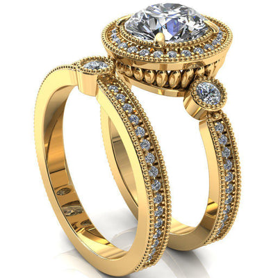 Brachium Round Moissanite 4 Claw Prong Diamond Halo 3/4 Micro Channel Engagement Ring-FIRE & BRILLIANCE