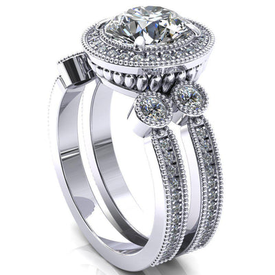 Brachium Round Moissanite 4 Claw Prong Diamond Halo 3/4 Micro Channel Engagement Ring-FIRE & BRILLIANCE