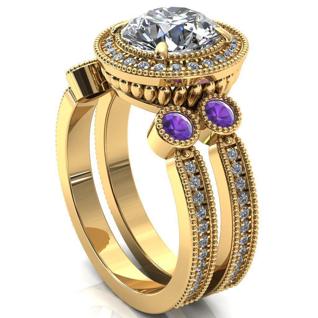 Brachium Round Moissanite Amethyst Bezel Milgrain Halo 3/4 Eternity Accent Diamond Ring-Custom-Made Jewelry-Fire & Brilliance ®