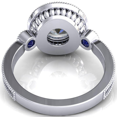 Brachium Round Moissanite Blue Sapphire Bezel Milgrain Halo 3/4 Eternity Accent Diamond Ring-Custom-Made Jewelry-Fire & Brilliance ®