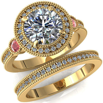 Brachium Round Moissanite Padparadscha Sapphire Bezel Milgrain Halo 3/4 Eternity Accent Diamond Ring-Custom-Made Jewelry-Fire & Brilliance ®