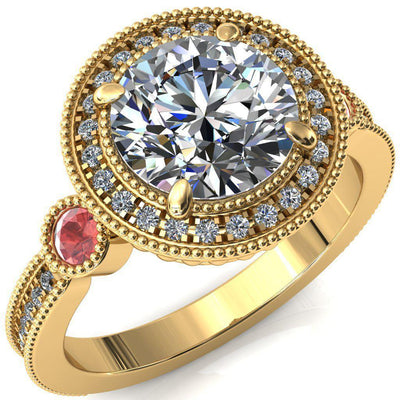 Brachium Round Moissanite Padparadscha Sapphire Bezel Milgrain Halo 3/4 Eternity Accent Diamond Ring-Custom-Made Jewelry-Fire & Brilliance ®