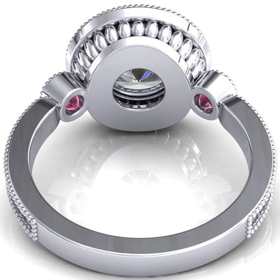 Brachium Round Moissanite Pink Sapphire Bezel Milgrain Halo 3/4 Eternity Accent Diamond Ring-Custom-Made Jewelry-Fire & Brilliance ®