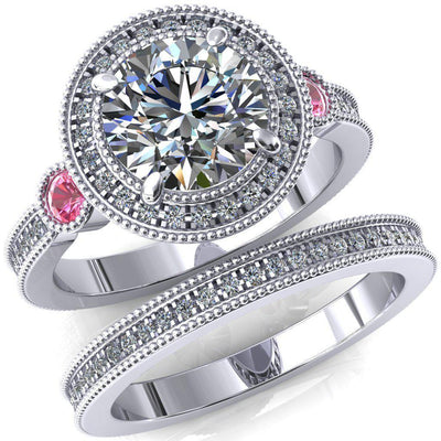 Brachium Round Moissanite Pink Sapphire Bezel Milgrain Halo 3/4 Eternity Accent Diamond Ring-Custom-Made Jewelry-Fire & Brilliance ®