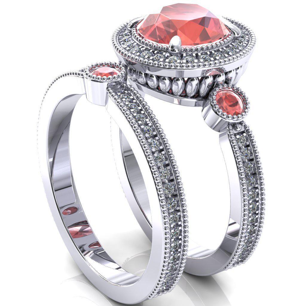 Brachium Round Padparadscha Sapphire Bezel Milgrain Halo 3/4 Eternity Accent Diamond Ring-Custom-Made Jewelry-Fire & Brilliance ®