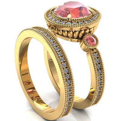 Brachium Round Padparadscha Sapphire Bezel Milgrain Halo 3/4 Eternity Accent Diamond Ring-Custom-Made Jewelry-Fire & Brilliance ®