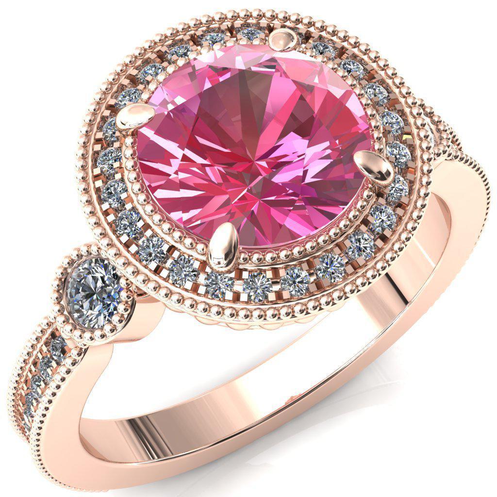 Brachium Round Pink Sapphire 4 Claw Prong Diamond Halo 3/4 Micro Channel Engagement Ring-FIRE & BRILLIANCE