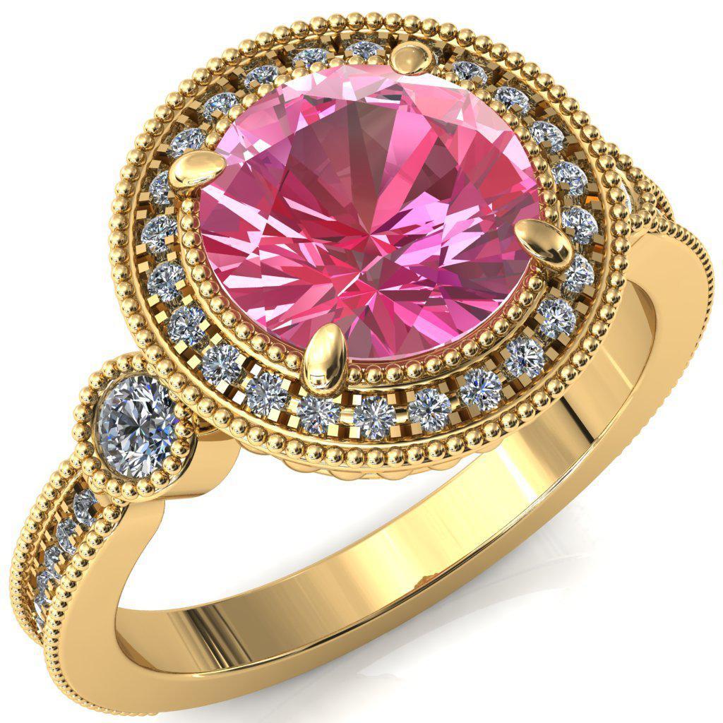 Brachium Round Pink Sapphire 4 Claw Prong Diamond Halo 3/4 Micro Channel Engagement Ring-FIRE & BRILLIANCE