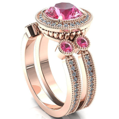 Brachium Round Pink Sapphire Bezel Milgrain Halo 3/4 Eternity Accent Diamond Ring-Custom-Made Jewelry-Fire & Brilliance ®