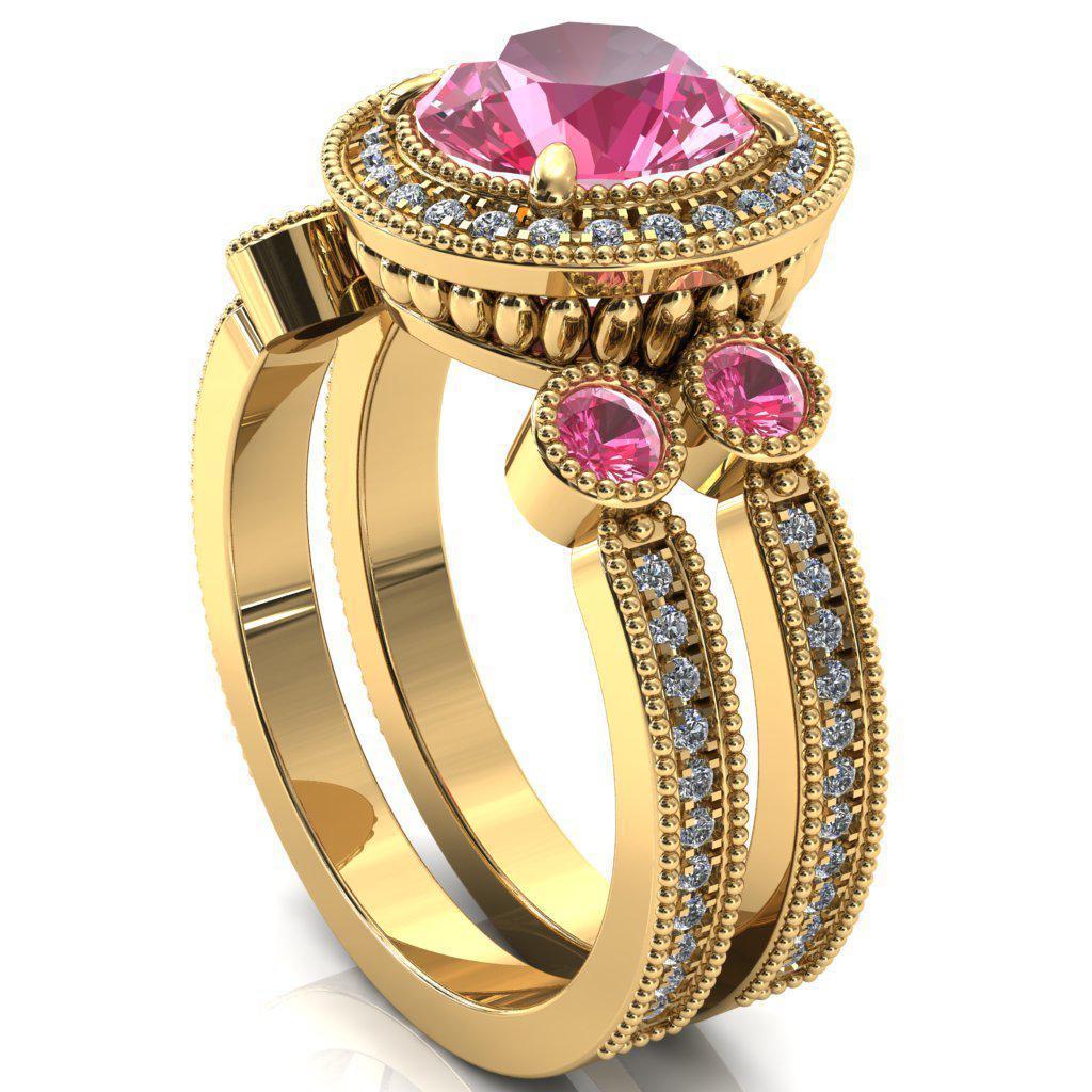 Brachium Round Pink Sapphire Bezel Milgrain Halo 3/4 Eternity Accent Diamond Ring-Custom-Made Jewelry-Fire & Brilliance ®