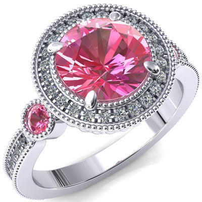 Brachium Round Pink Sapphire Bezel Milgrain Halo 3/4 Eternity Accent Diamond Ring-Custom-Made Jewelry-Fire & Brilliance ®