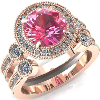 Brachium Round Pink Sapphire Milgrain Halo 3/4 Eternity Accent Diamond Ring-Custom-Made Jewelry-Fire & Brilliance ®