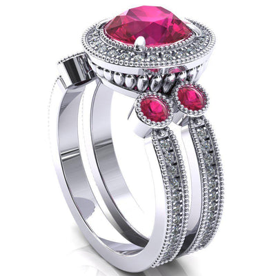 Brachium Round Ruby Bezel Milgrain Halo 3/4 Eternity Accent Diamond Ring-Custom-Made Jewelry-Fire & Brilliance ®