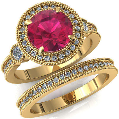 Brachium Round Ruby Milgrain Halo 3/4 Eternity Accent Diamond Ring-Custom-Made Jewelry-Fire & Brilliance ®