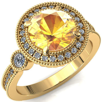 Brachium Round Yellow Sapphire 4 Claw Prong Diamond Halo 3/4 Micro Channel Engagement Ring-FIRE & BRILLIANCE