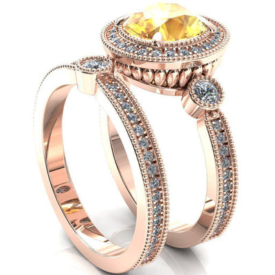 Brachium Round Yellow Sapphire Milgrain Halo 3/4 Eternity Accent Diamond Ring-Custom-Made Jewelry-Fire & Brilliance ®