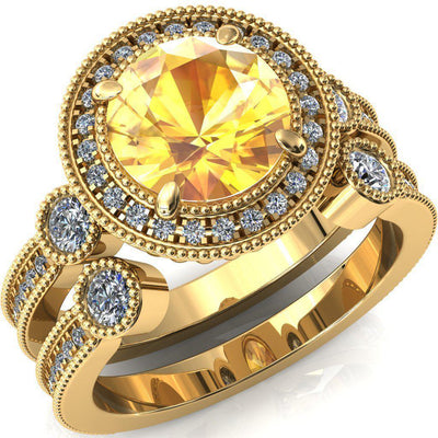 Brachium Round Yellow Sapphire Milgrain Halo 3/4 Eternity Accent Diamond Ring-Custom-Made Jewelry-Fire & Brilliance ®