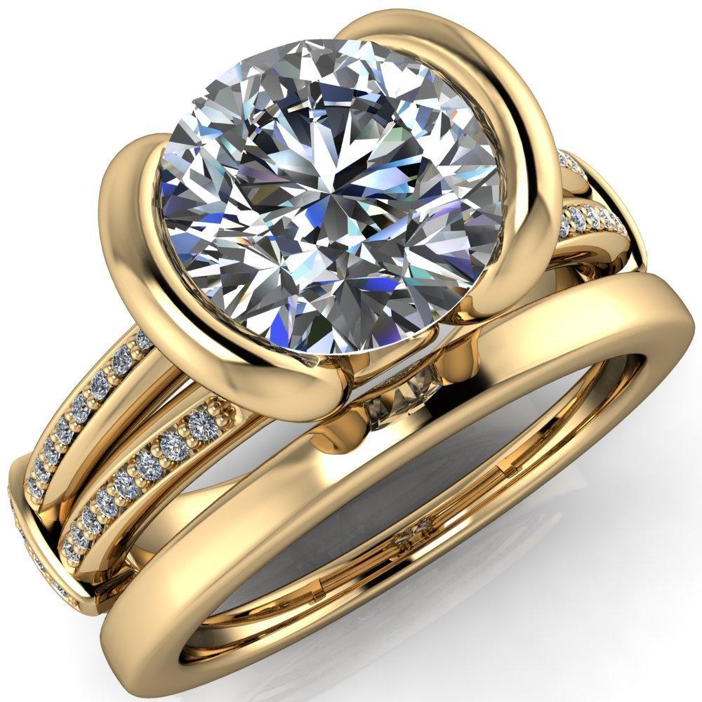 Brenn Round Moissanite Half Bezel Split Band Diamond Side Engagement Ring-Custom-Made Jewelry-Fire & Brilliance ®