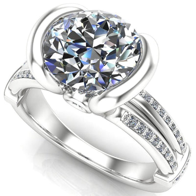 Brenn Round Moissanite Half Bezel Split Band Diamond Side Engagement Ring-Custom-Made Jewelry-Fire & Brilliance ®