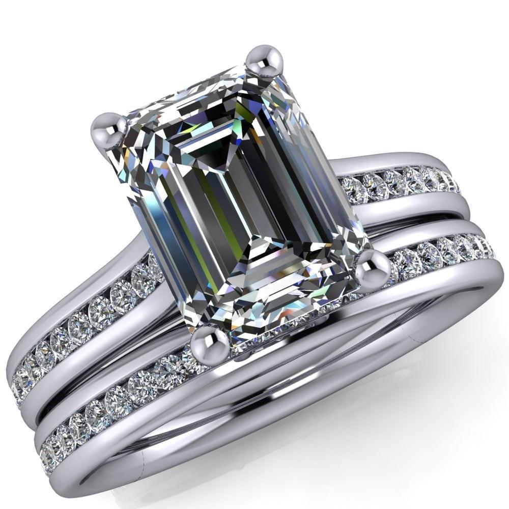 Brigitte Emerald Moissanite Diamond Channel 4 Prong Cathedral Ring-Custom-Made Jewelry-Fire & Brilliance ®