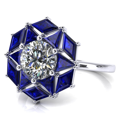 7.5mm Round Center with Diamond and Triangle Shaped Cluster Ring