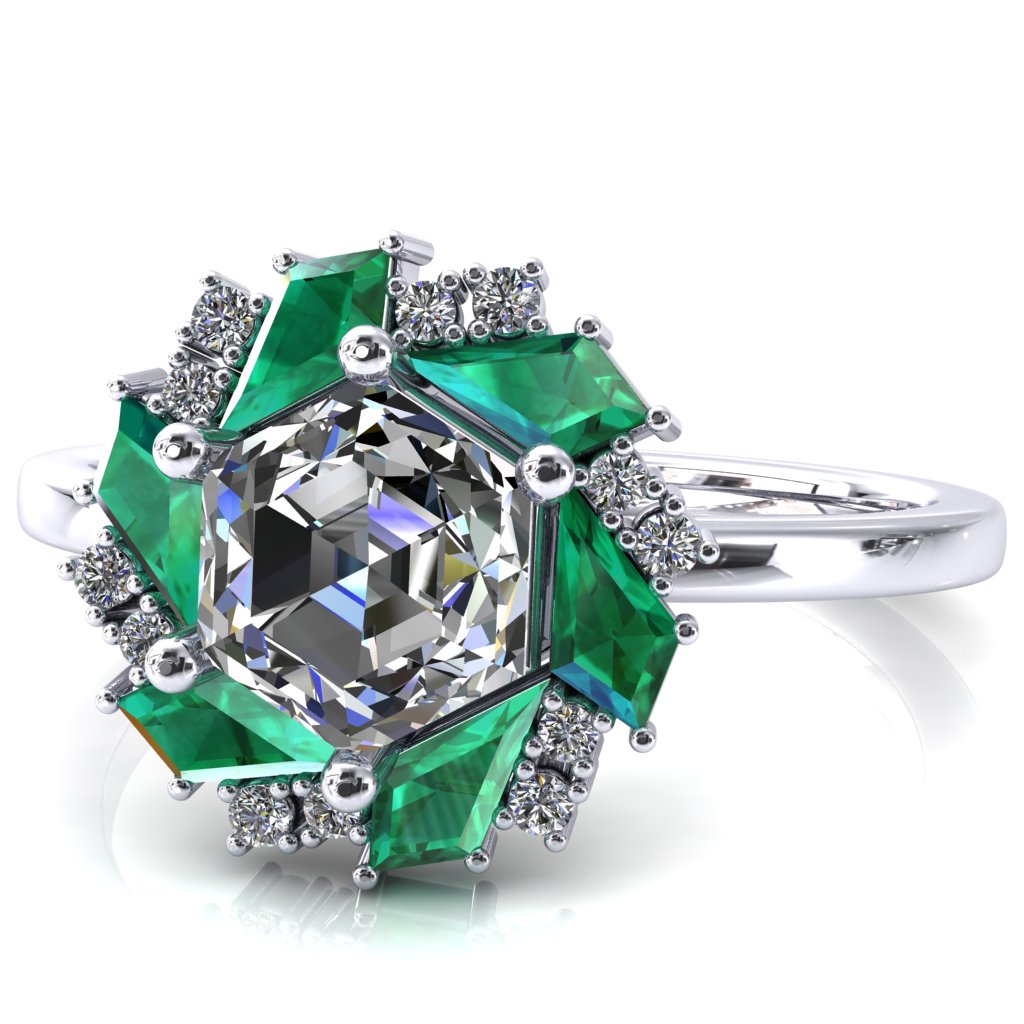 7.0mm Hexagon Center Kite Cut Green Emerald Cluster Halo Ring