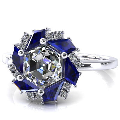 7.0mm Hexagon Center Kite Cut Blue Sapphire Cluster Halo Ring