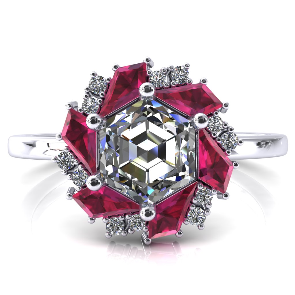 7.0mm Hexagon Center Kite Cut Ruby Cluster Halo Ring