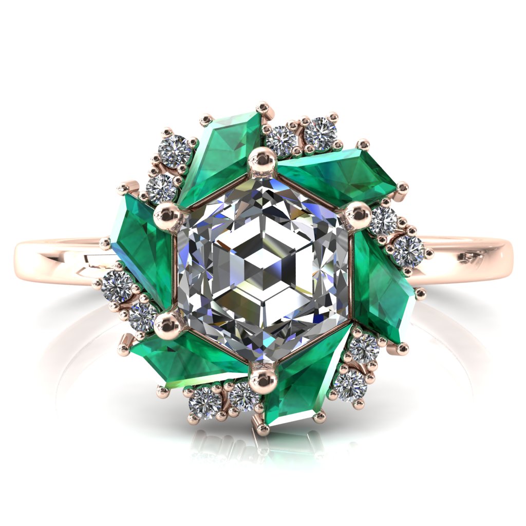 7.0mm Hexagon Center Kite Cut Green Emerald Cluster Halo Ring