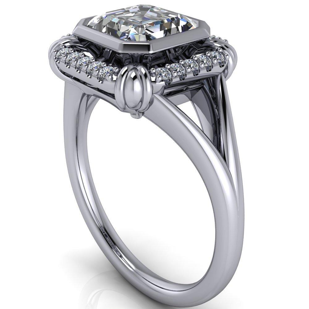 Caldwell Asscher Moissanite Bezel Set Diamond Halo Split Shank Engagement Ring-Custom-Made Jewelry-Fire & Brilliance ®