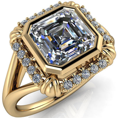 Caldwell Asscher Moissanite Bezel Set Diamond Halo Split Shank Engagement Ring-Custom-Made Jewelry-Fire & Brilliance ®
