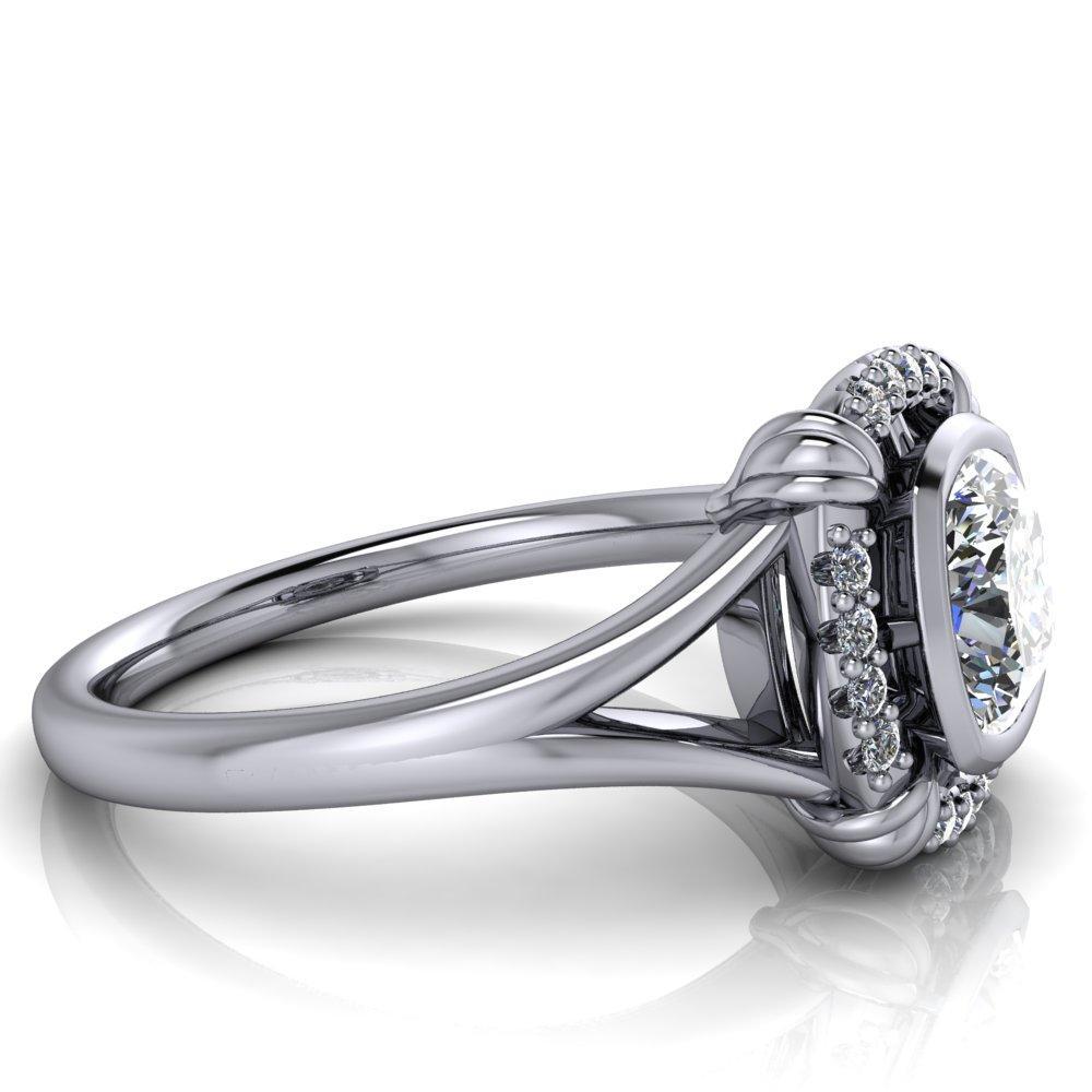 Caldwell Cushion Moissanite Bezel Set Diamond Halo Split Shank Engagement Ring-Custom-Made Jewelry-Fire & Brilliance ®