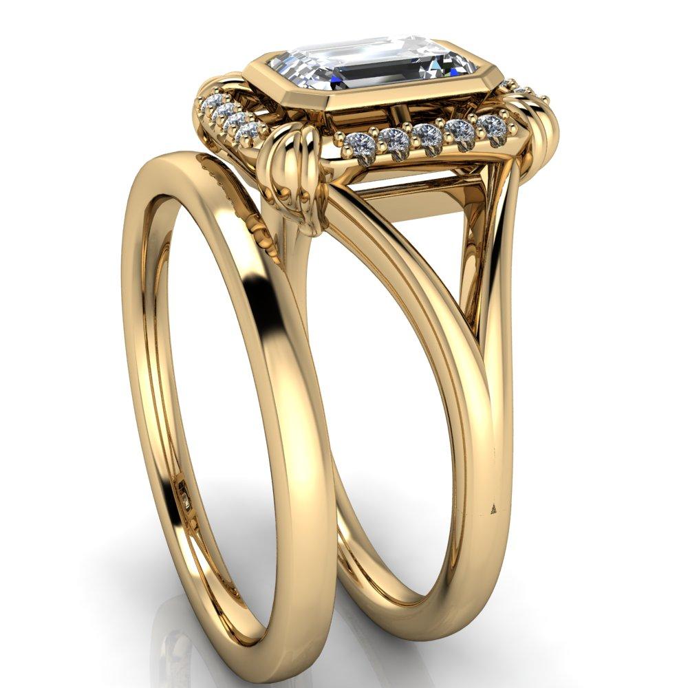 Caldwell Emerald Moissanite Bezel Set Diamond Halo Split Shank Engagement Ring-Custom-Made Jewelry-Fire & Brilliance ®