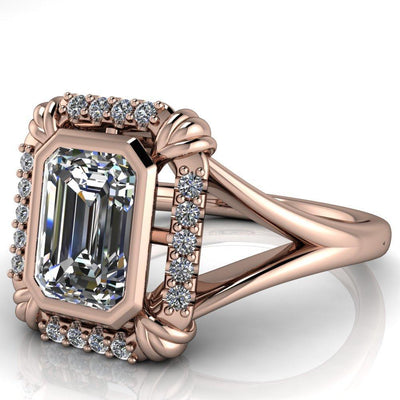 Caldwell Emerald Moissanite Bezel Set Diamond Halo Split Shank Engagement Ring-Custom-Made Jewelry-Fire & Brilliance ®