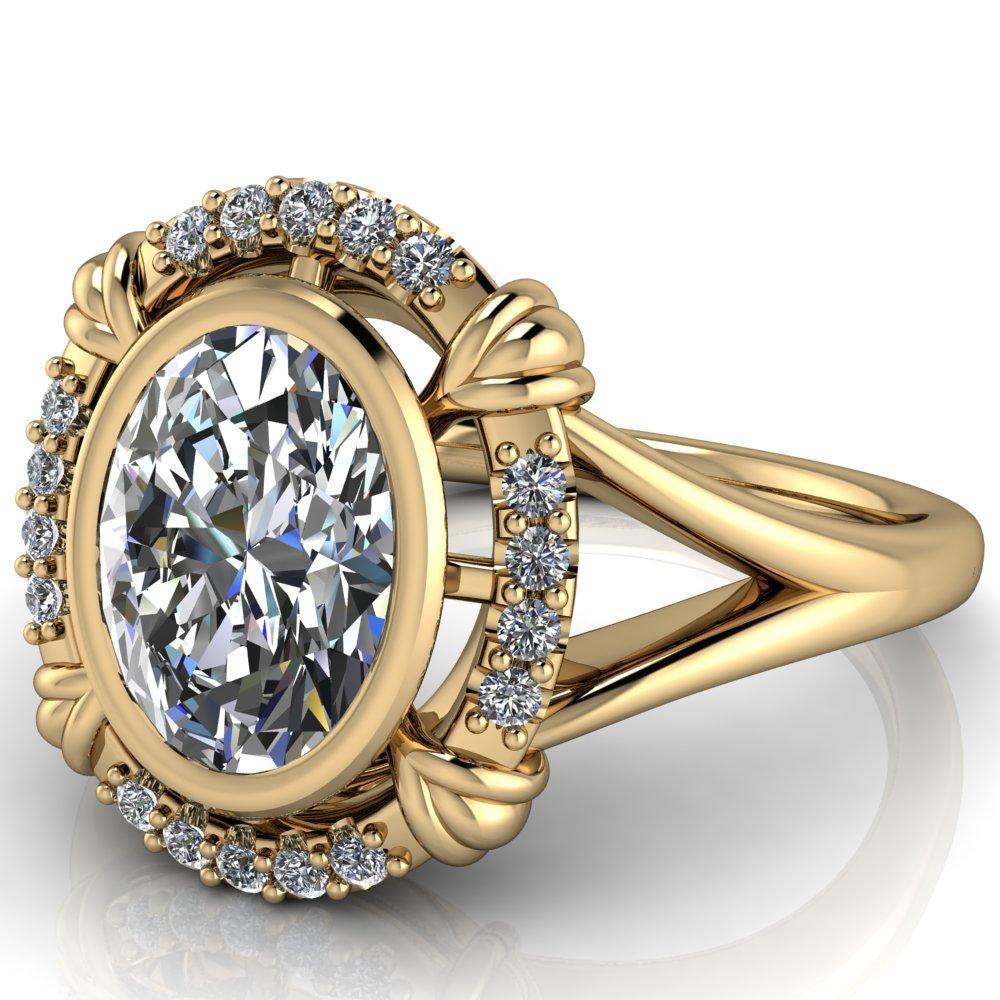 Caldwell Oval Moissanite Bezel Set Diamond Halo Split Shank Engagement Ring-Custom-Made Jewelry-Fire & Brilliance ®