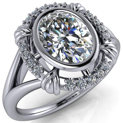 Caldwell Oval Moissanite Bezel Set Diamond Halo Split Shank Engagement Ring-Custom-Made Jewelry-Fire & Brilliance ®