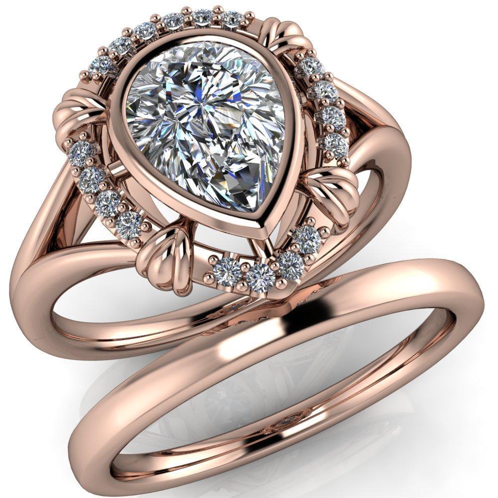 Caldwell Pear Moissanite Bezel Set Diamond Halo Split Shank Engagement Ring-Custom-Made Jewelry-Fire & Brilliance ®