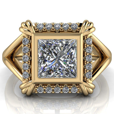 Caldwell Princess/Square Moissanite Bezel Set Diamond Halo Split Shank Engagement Ring-Custom-Made Jewelry-Fire & Brilliance ®