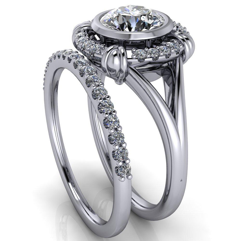 Caldwell Round Moissanite Bezel Set Diamond Halo Split Shank Engagement Ring-Custom-Made Jewelry-Fire & Brilliance ®