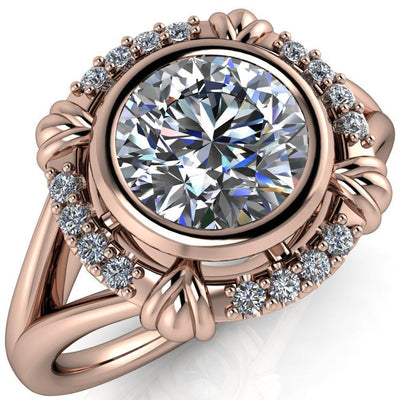 Caldwell Round Moissanite Bezel Set Diamond Halo Split Shank Engagement Ring-Custom-Made Jewelry-Fire & Brilliance ®