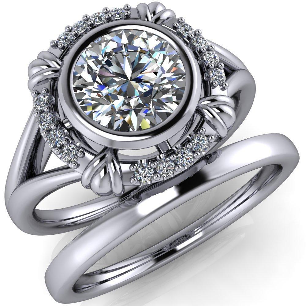 Caldwell Round Moissanite Bezel Set Diamond Halo Split Shank Engagement Ring-Custom-Made Jewelry-Fire & Brilliance ®