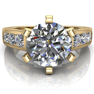 Calvin Round Moissanite 6 Prong Diamond Shoulders Cathedral Engagement Ring-Custom-Made Jewelry-Fire & Brilliance ®