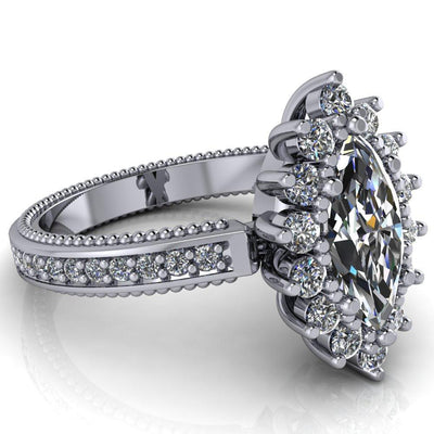 Calysta Marquise Moissanite Halo Milgrain Shank Enagement Ring-Custom-Made Jewelry-Fire & Brilliance ®