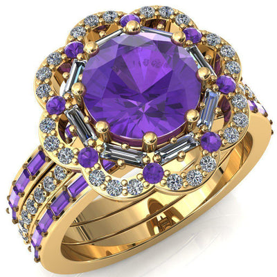 Camelia Round Amethyst Accent Diamond and Amethyst Halo Ring-Custom-Made Jewelry-Fire & Brilliance ®