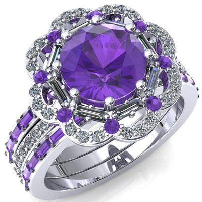 Camelia Round Amethyst Accent Diamond and Amethyst Halo Ring-Custom-Made Jewelry-Fire & Brilliance ®